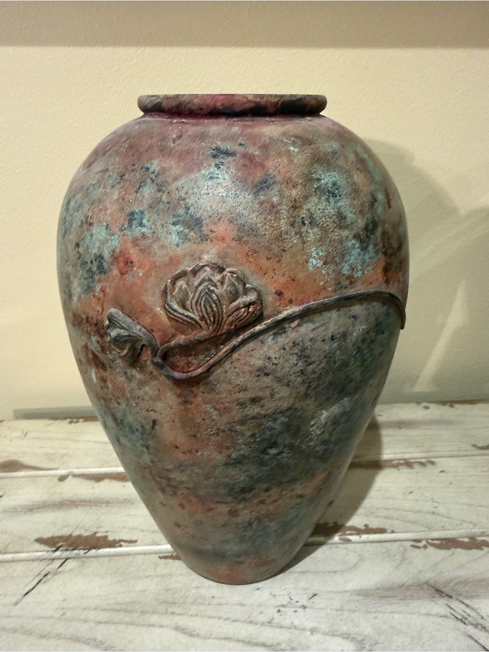 Vintage Verdigris Brass & Copper Floral Relief Vase - Made in India - Boho Decor